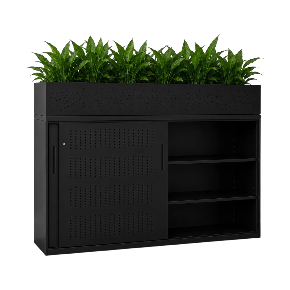 Amega2000 sliding door unit with Planter box lockable steel office storage cupboard