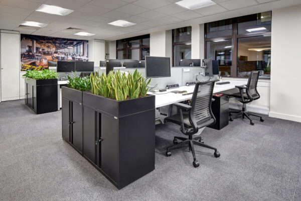 office planter boxes with tambour storage in a bright modern workspace