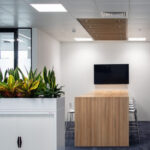 office planter boxes with tambour storage in a bright modern workspace