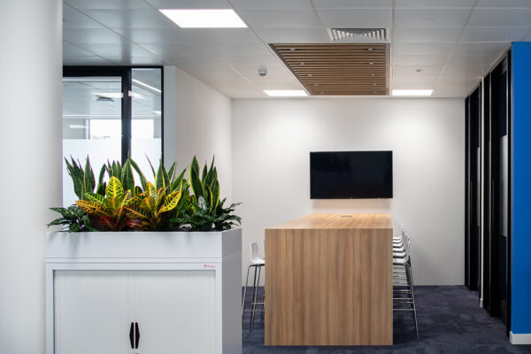 office planter boxes with tambour storage in a bright modern workspace
