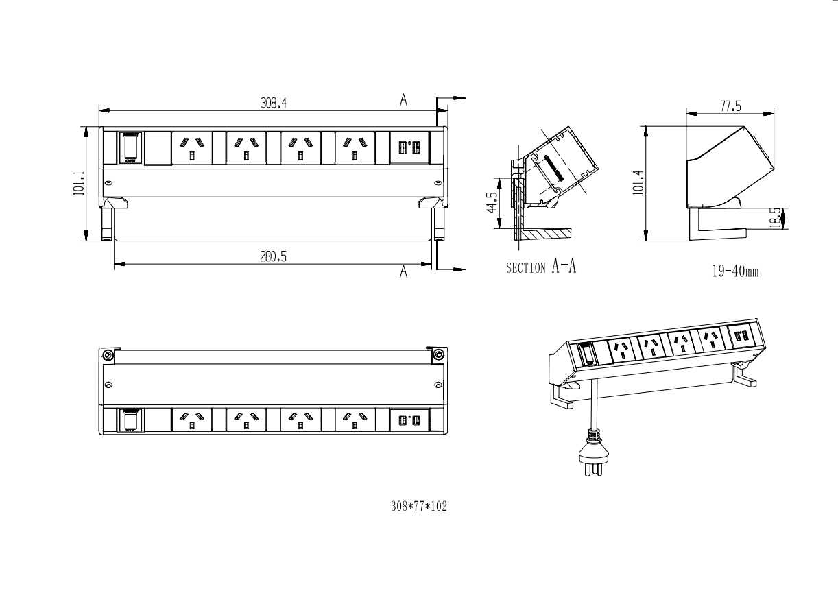 Amega2000 above desk power rail 4 GPO outlets 2 USB white office cable management Melbourne
