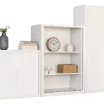 Amega2000 white satin tambour door storage cabinet open showing adjustable shelves office furniture Melbourne