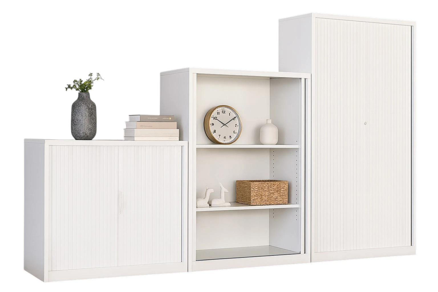 Amega2000 white satin tambour door storage cabinet open showing adjustable shelves office furniture Melbourne
