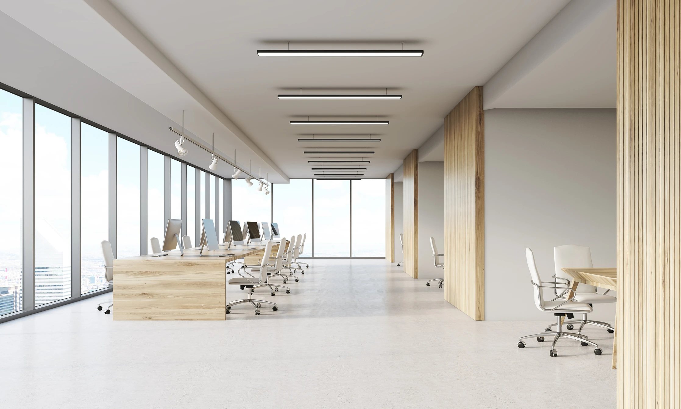 Modern corporate office fitout with light oak workstations and white leather chairs – AMEGA2000 Office Furniture Melbourne